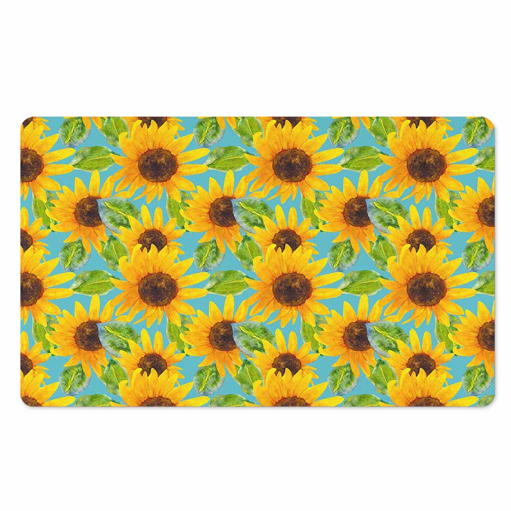 Blue Watercolor Sunflower Pattern Print Polyester Doormat