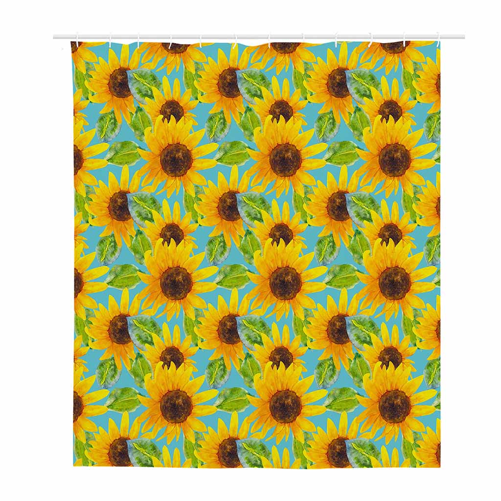 Blue Watercolor Sunflower Pattern Print Polyester Shower Curtain