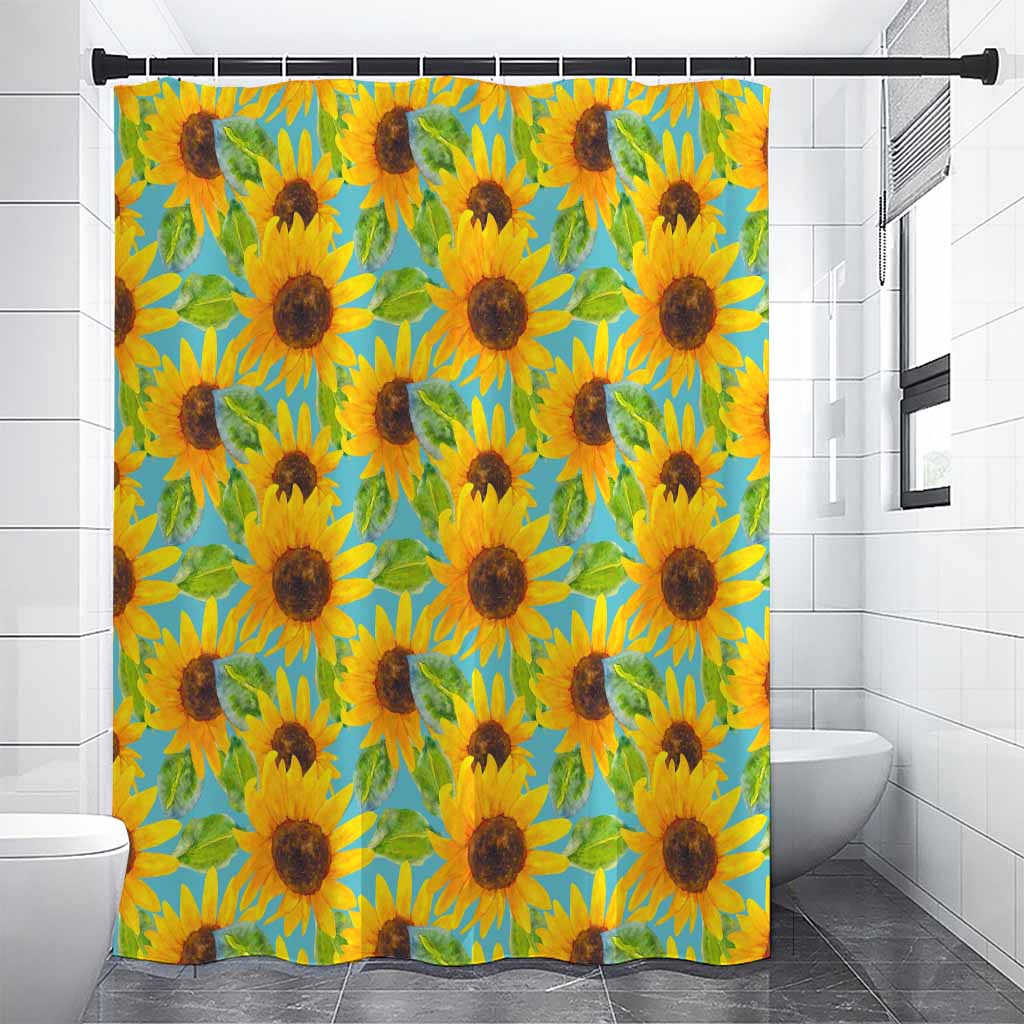 Blue Watercolor Sunflower Pattern Print Premium Shower Curtain