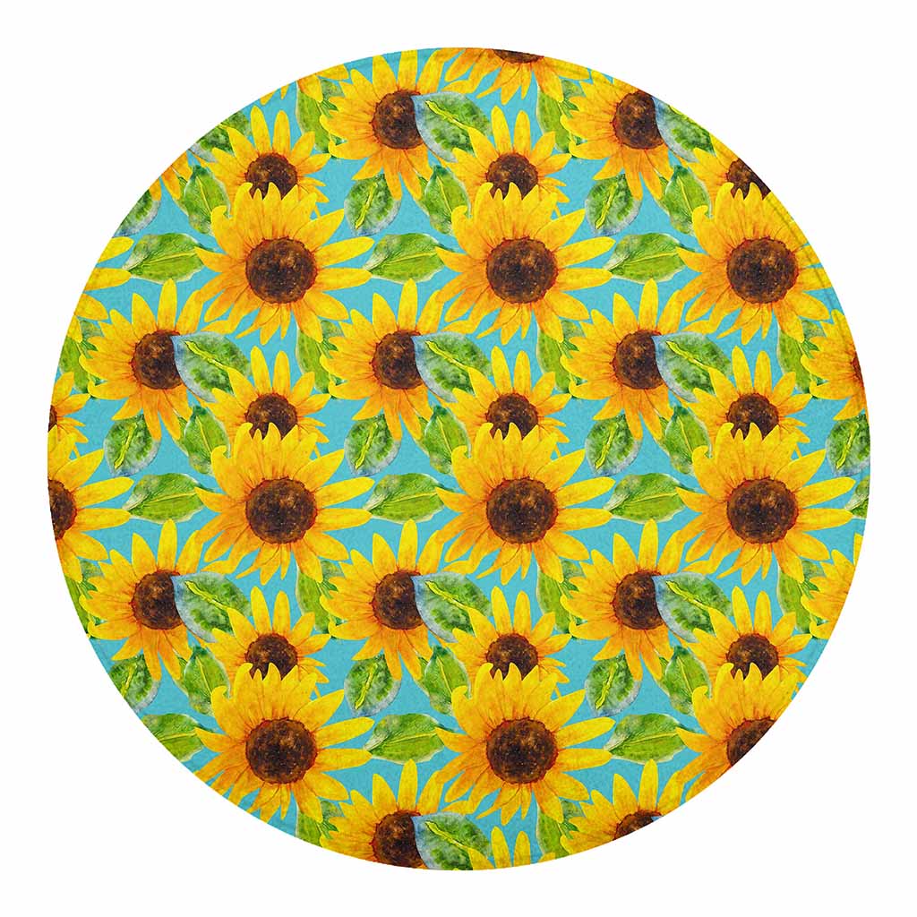 Blue Watercolor Sunflower Pattern Print Round Blanket