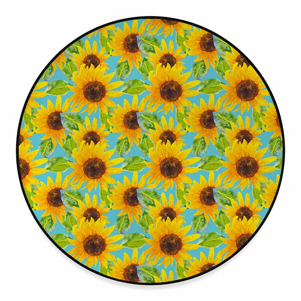 Blue Watercolor Sunflower Pattern Print Round Floor Mat