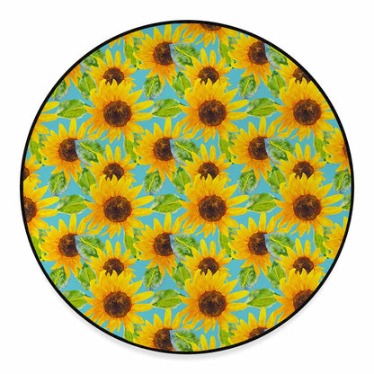 Blue Watercolor Sunflower Pattern Print Round Floor Mat