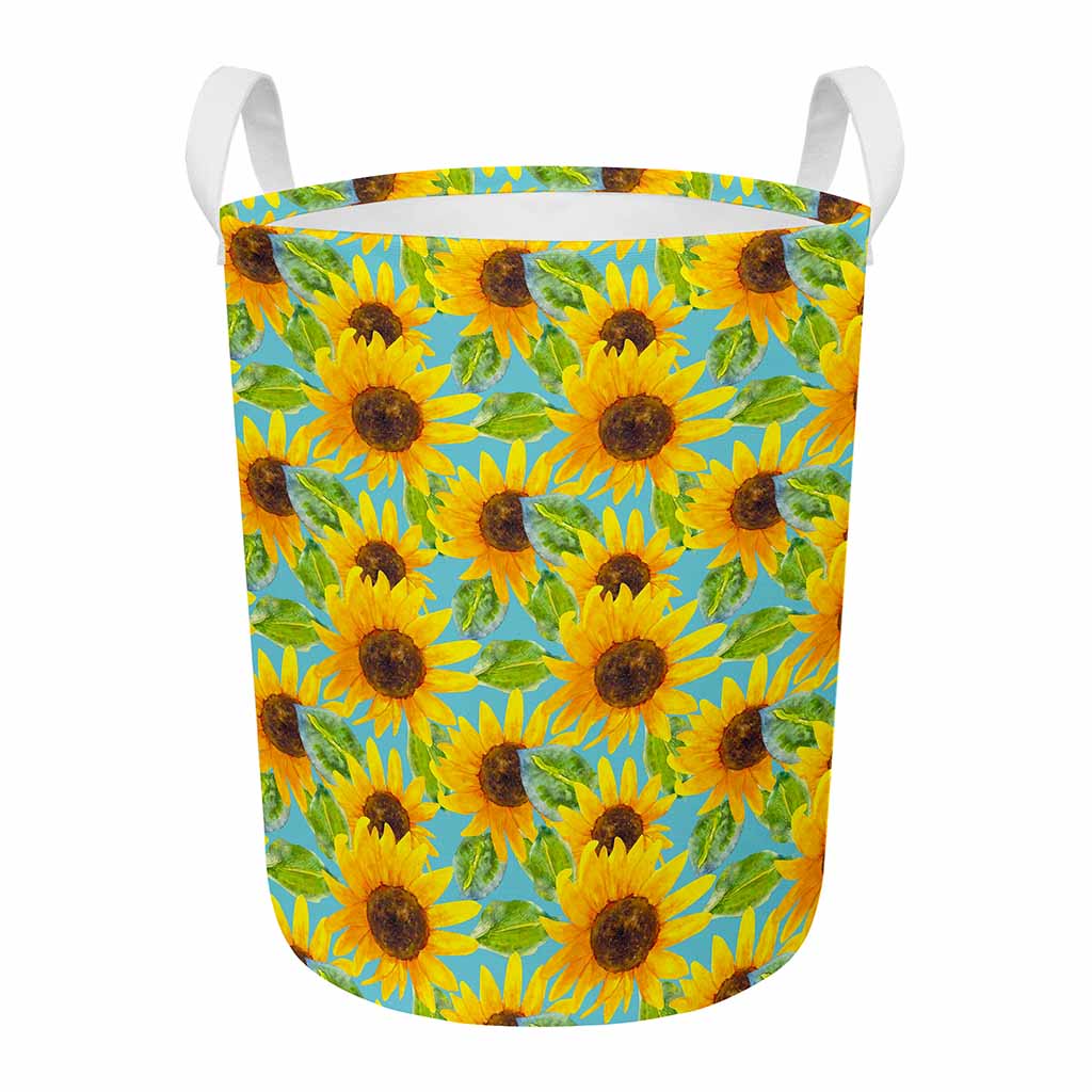 Blue Watercolor Sunflower Pattern Print Round Laundry Basket