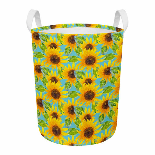 Blue Watercolor Sunflower Pattern Print Round Laundry Basket