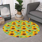 Blue Watercolor Sunflower Pattern Print Round Rug