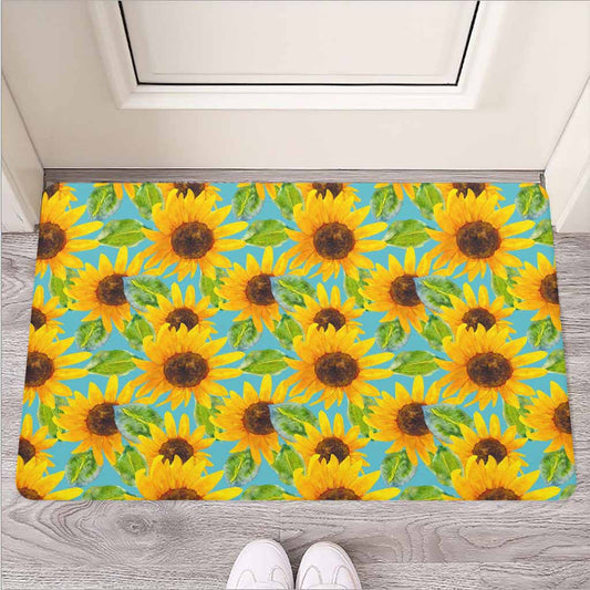 Blue Watercolor Sunflower Pattern Print Rubber Doormat