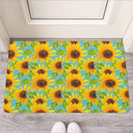 Blue Watercolor Sunflower Pattern Print Rubber Doormat