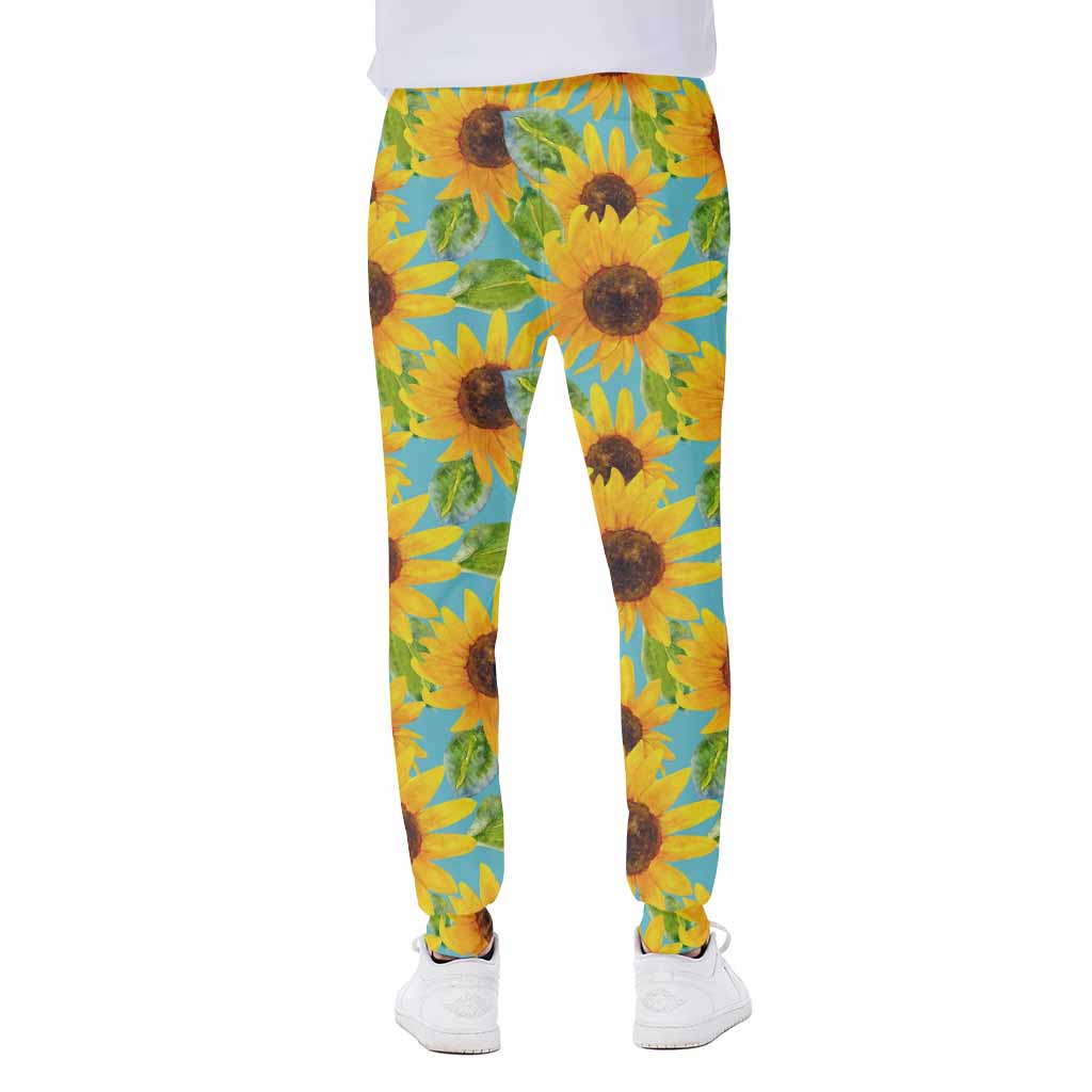 Blue Watercolor Sunflower Pattern Print Scuba Joggers