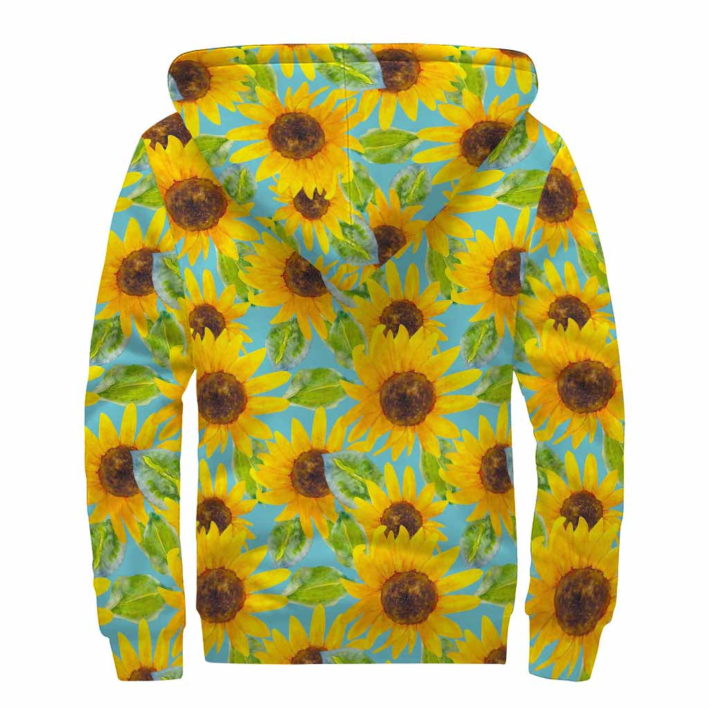 Blue Watercolor Sunflower Pattern Print Sherpa Lined Zip Up Hoodie