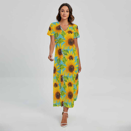 Blue Watercolor Sunflower Pattern Print Short Sleeve Maxi Dress