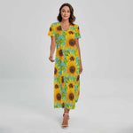 Blue Watercolor Sunflower Pattern Print Short Sleeve Maxi Dress