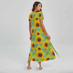 Blue Watercolor Sunflower Pattern Print Short Sleeve Maxi Dress