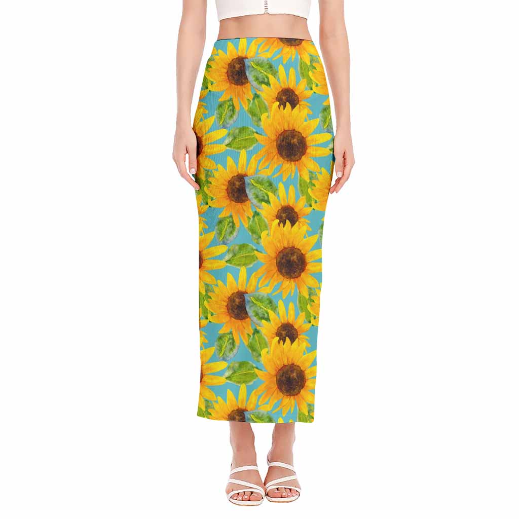 Blue Watercolor Sunflower Pattern Print Side Slit Maxi Skirt