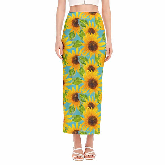 Blue Watercolor Sunflower Pattern Print Side Slit Maxi Skirt