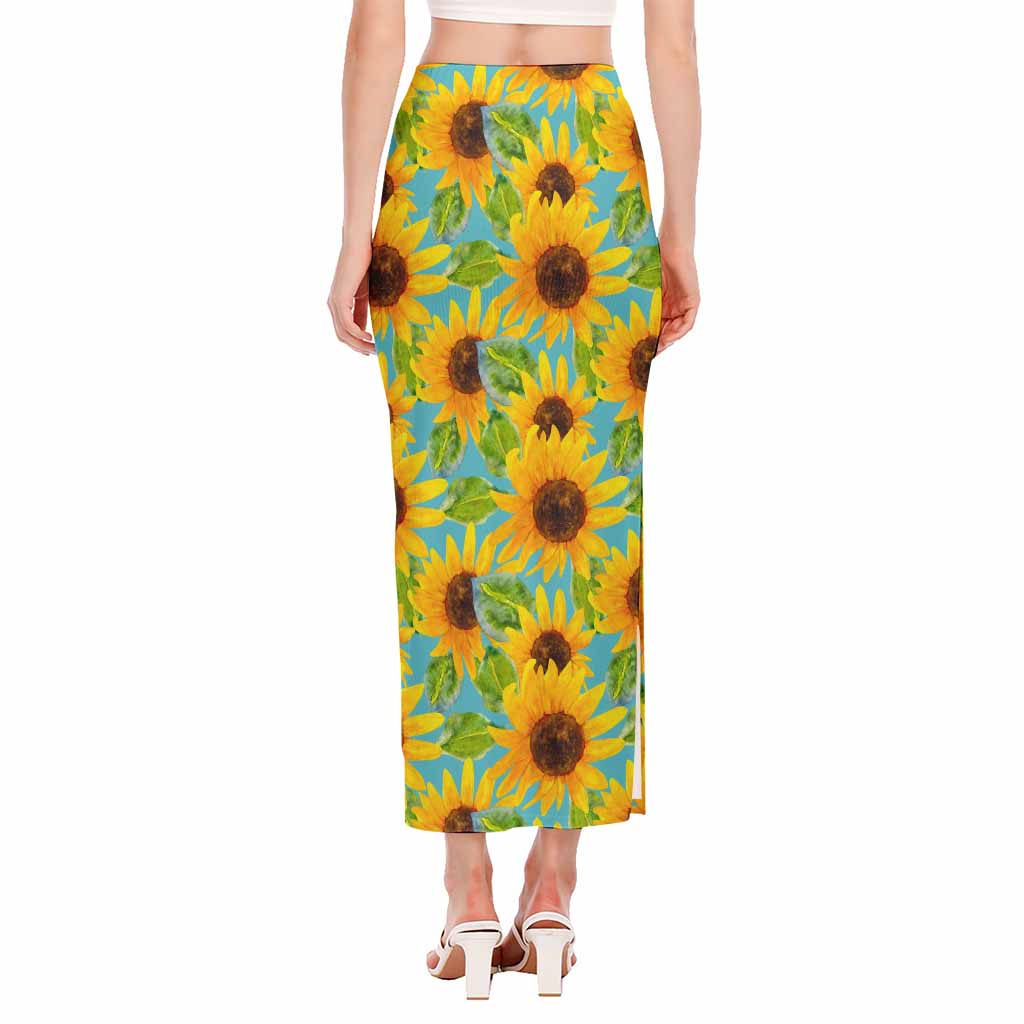 Blue Watercolor Sunflower Pattern Print Side Slit Maxi Skirt