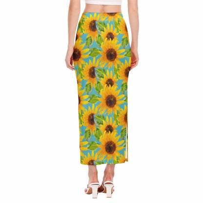 Blue Watercolor Sunflower Pattern Print Side Slit Maxi Skirt
