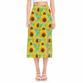 Blue Watercolor Sunflower Pattern Print Side Slit Midi Skirt