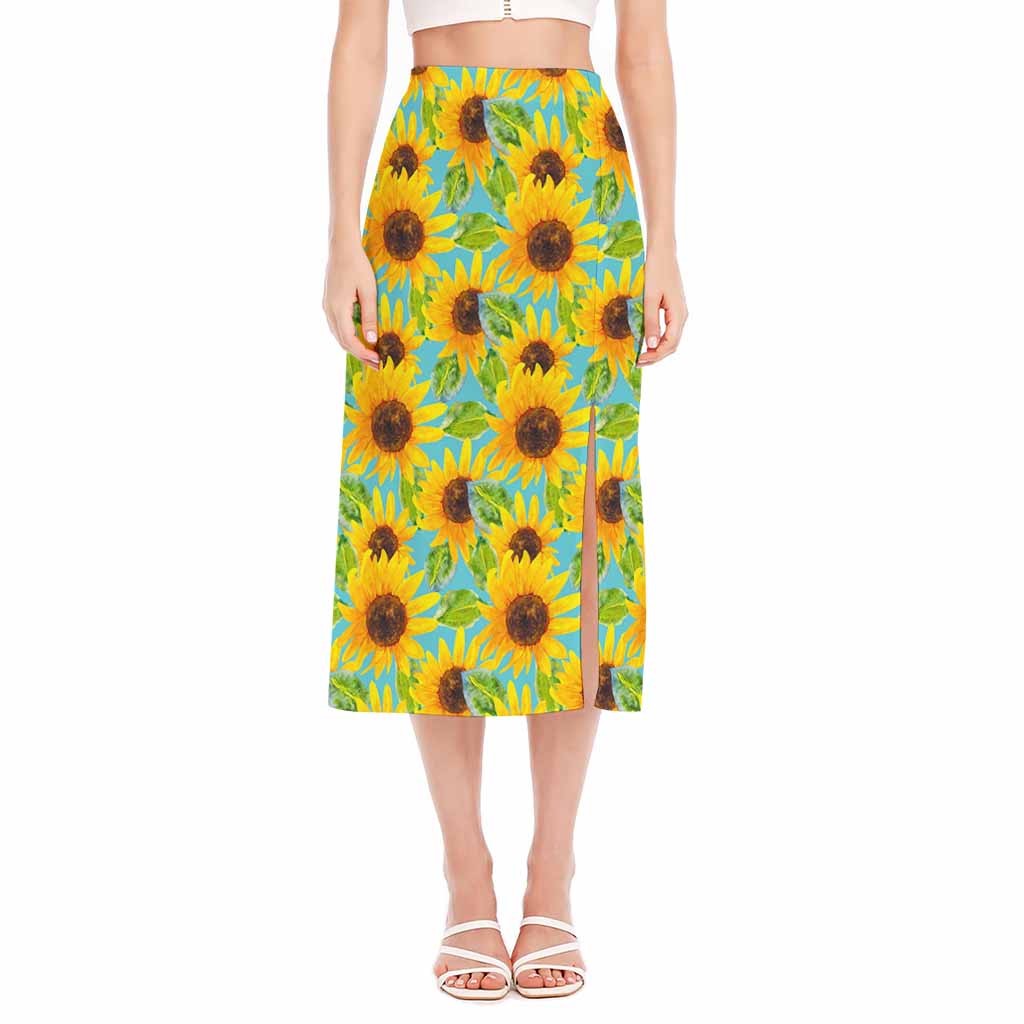 Blue Watercolor Sunflower Pattern Print Side Slit Midi Skirt