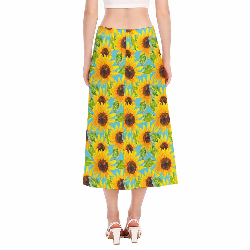Blue Watercolor Sunflower Pattern Print Side Slit Midi Skirt