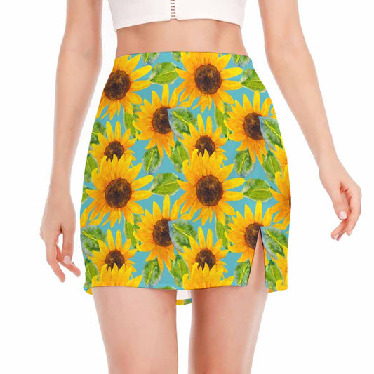 Blue Watercolor Sunflower Pattern Print Side Slit Mini Skirt