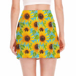 Blue Watercolor Sunflower Pattern Print Side Slit Mini Skirt