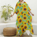 Blue Watercolor Sunflower Pattern Print Silk V-Neck Kaftan Dress