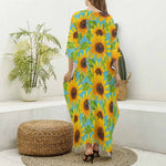 Blue Watercolor Sunflower Pattern Print Silk V-Neck Kaftan Dress