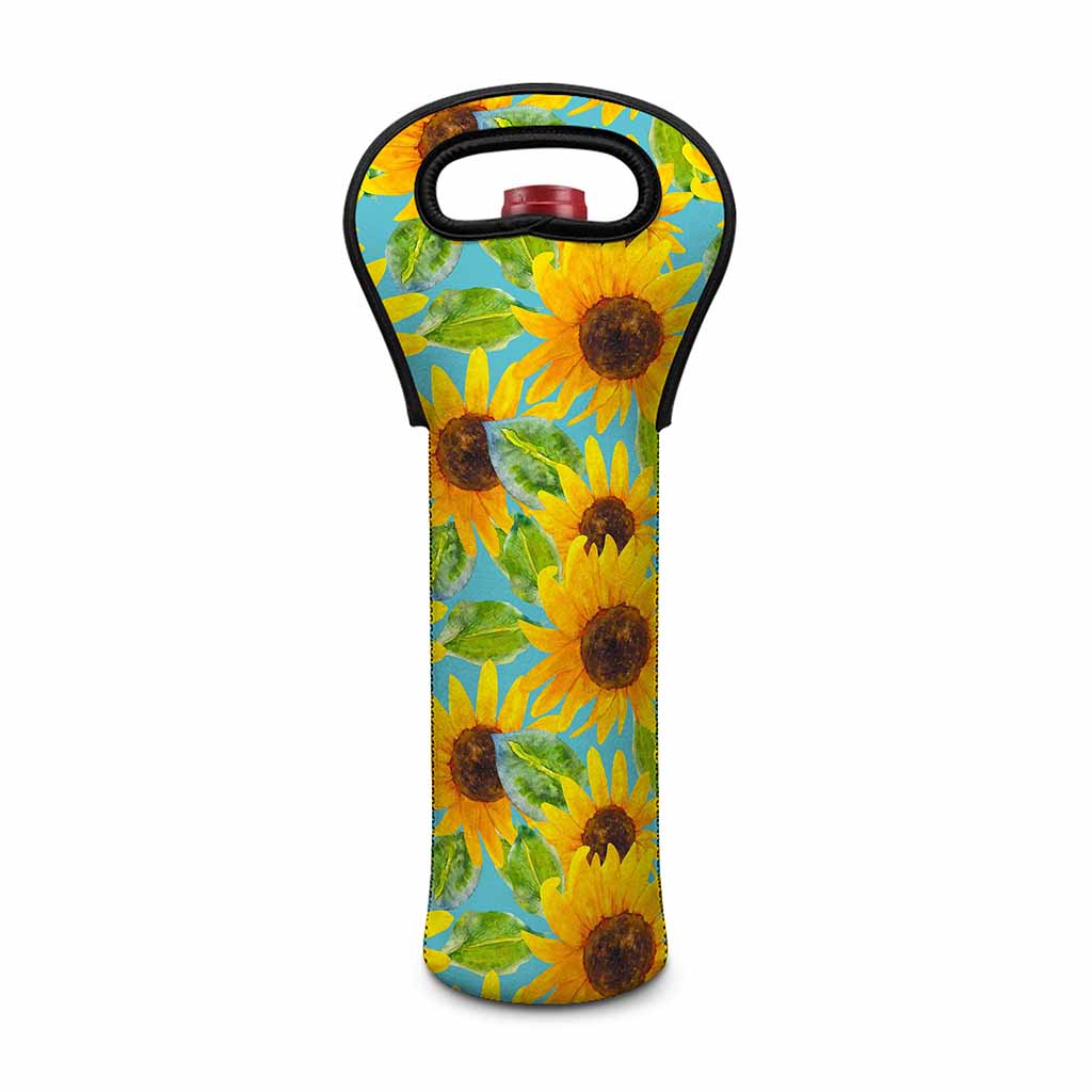 Blue Watercolor Sunflower Pattern Print Single Neoprene Wine Tote