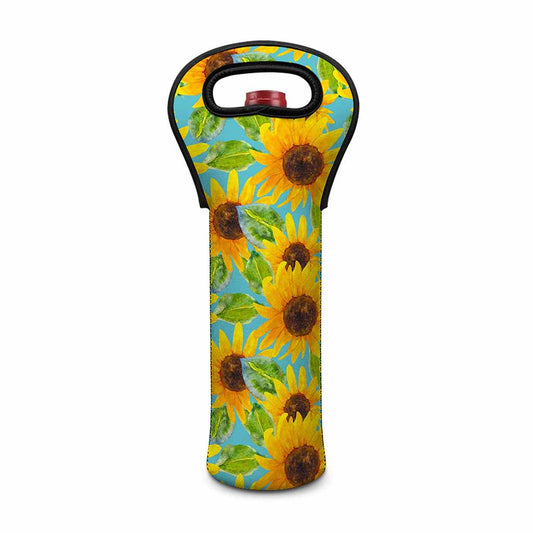 Blue Watercolor Sunflower Pattern Print Single Neoprene Wine Tote