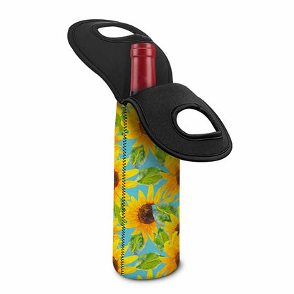 Blue Watercolor Sunflower Pattern Print Single Neoprene Wine Tote