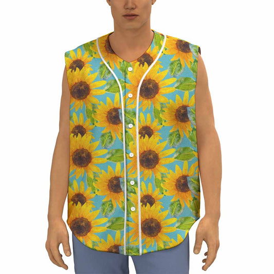 Blue Watercolor Sunflower Pattern Print Sleeveless Baseball Jersey