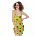 Blue Watercolor Sunflower Pattern Print Sleeveless Bodycon Dress