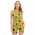 Blue Watercolor Sunflower Pattern Print Sleeveless One Piece Swimsuit