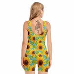 Blue Watercolor Sunflower Pattern Print Sleeveless One Piece Swimsuit