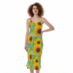 Blue Watercolor Sunflower Pattern Print Slim Fit Midi Cami Dress