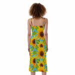 Blue Watercolor Sunflower Pattern Print Slim Fit Midi Cami Dress
