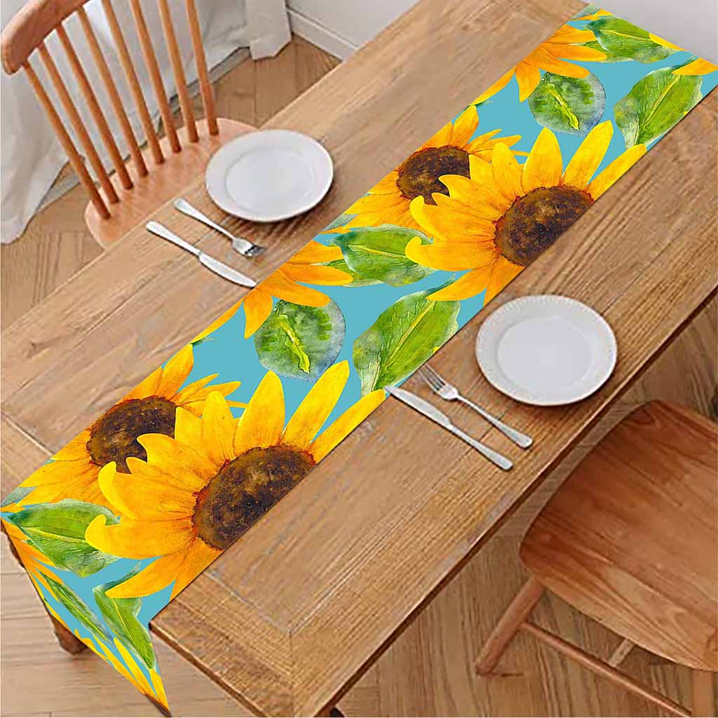 Blue Watercolor Sunflower Pattern Print Table Runner