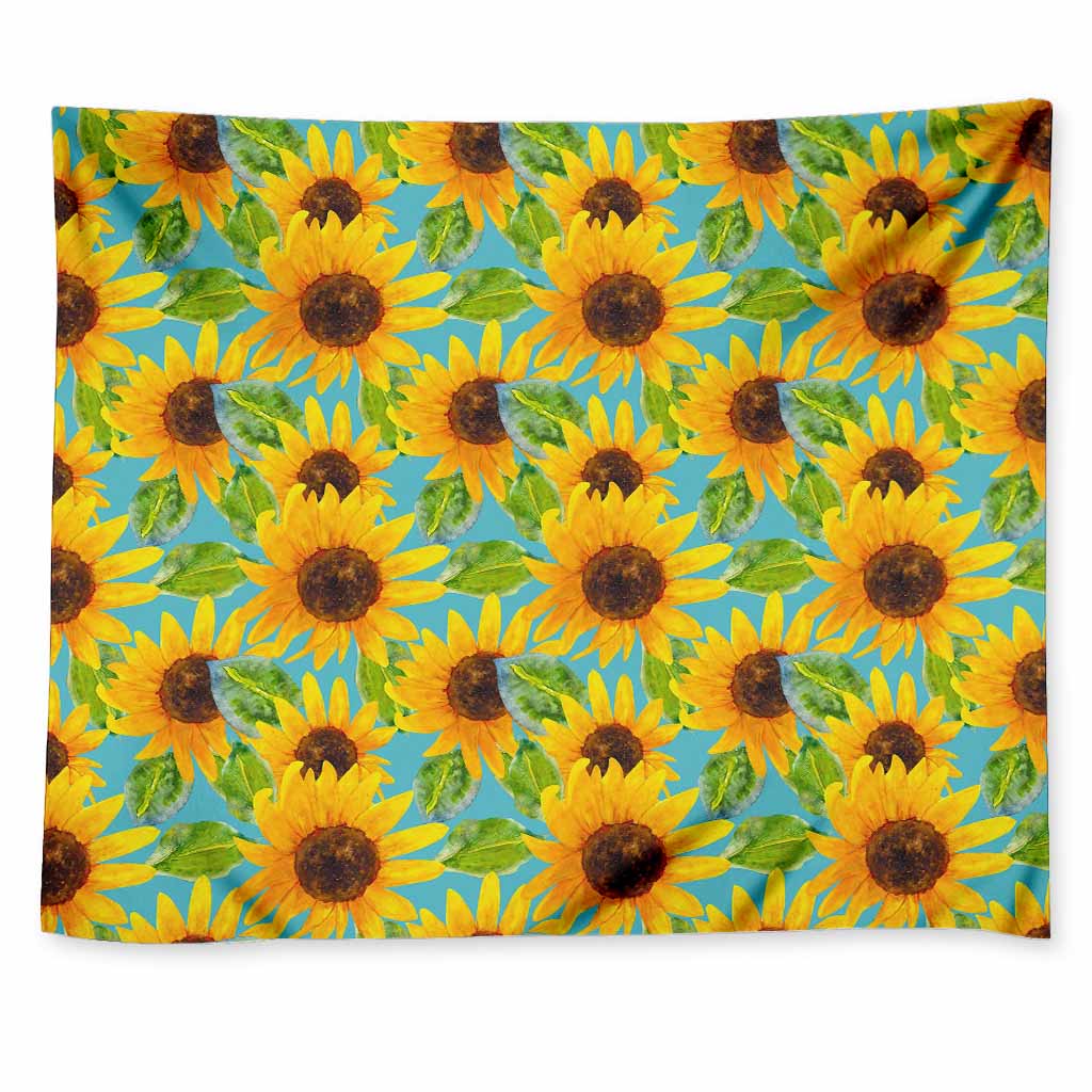 Blue Watercolor Sunflower Pattern Print Tapestry