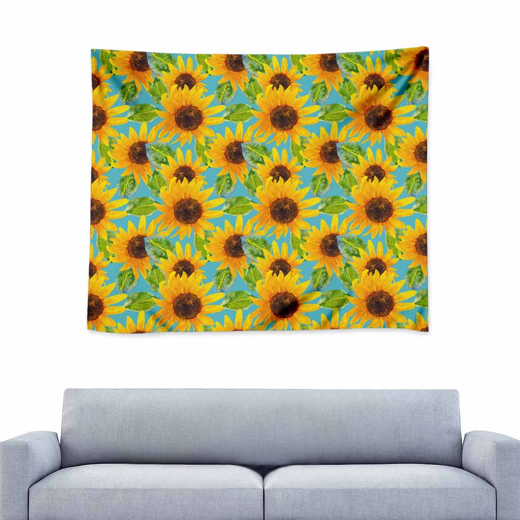 Blue Watercolor Sunflower Pattern Print Tapestry