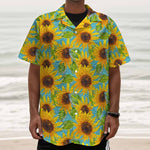 Blue Watercolor Sunflower Pattern Print Textured Short Sleeve Shirt