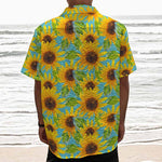 Blue Watercolor Sunflower Pattern Print Textured Short Sleeve Shirt