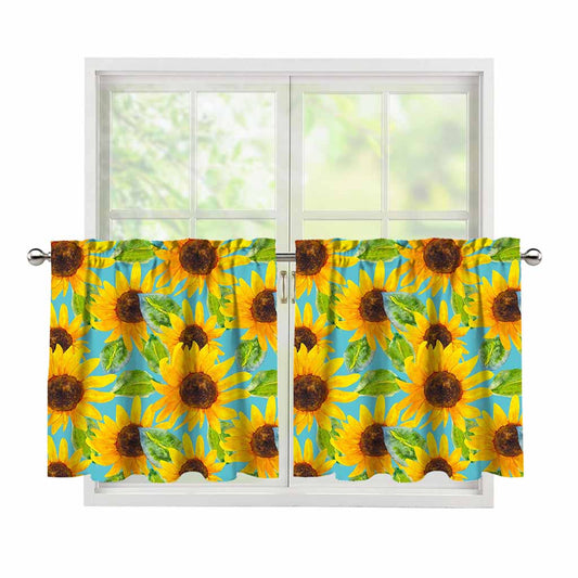 Blue Watercolor Sunflower Pattern Print Tier Curtains