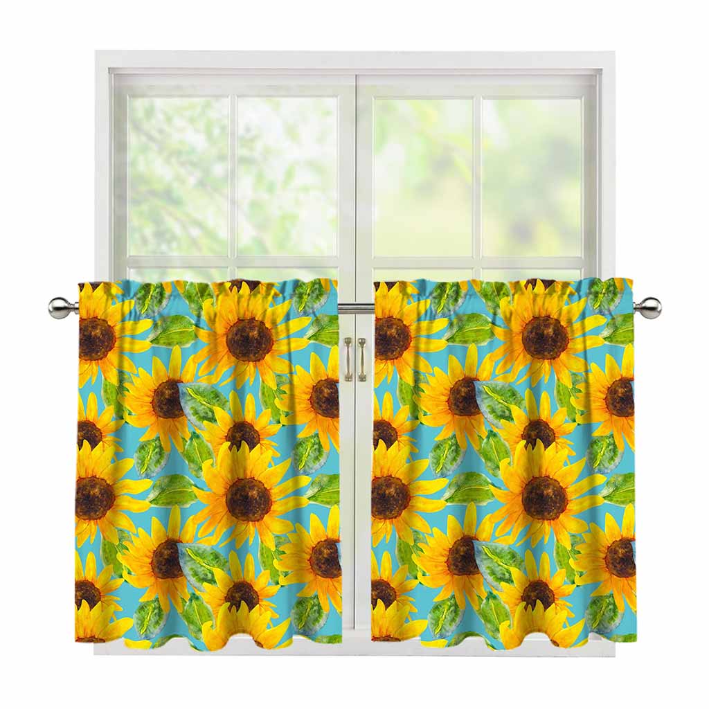 Blue Watercolor Sunflower Pattern Print Tier Curtains