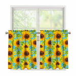 Blue Watercolor Sunflower Pattern Print Tier Curtains