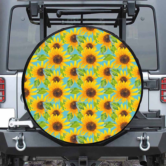 Blue Watercolor Sunflower Pattern Print Tire Cover