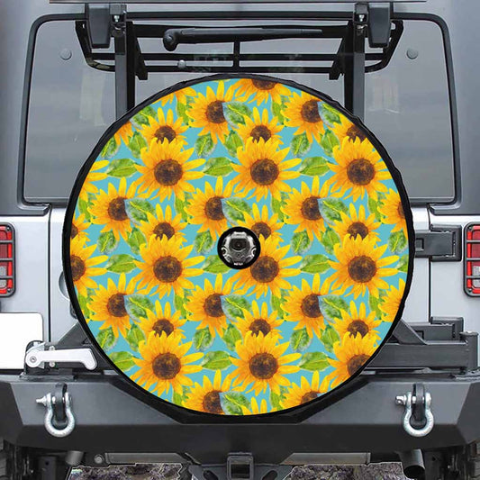 Blue Watercolor Sunflower Pattern Print Tire Cover With Camera Hole