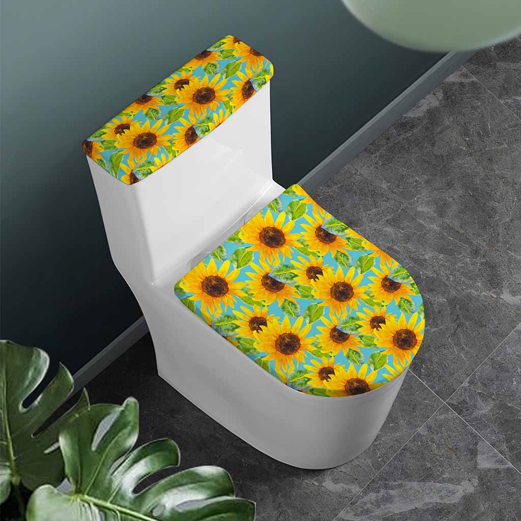 Blue Watercolor Sunflower Pattern Print Toilet Lid And Tank Cover Set