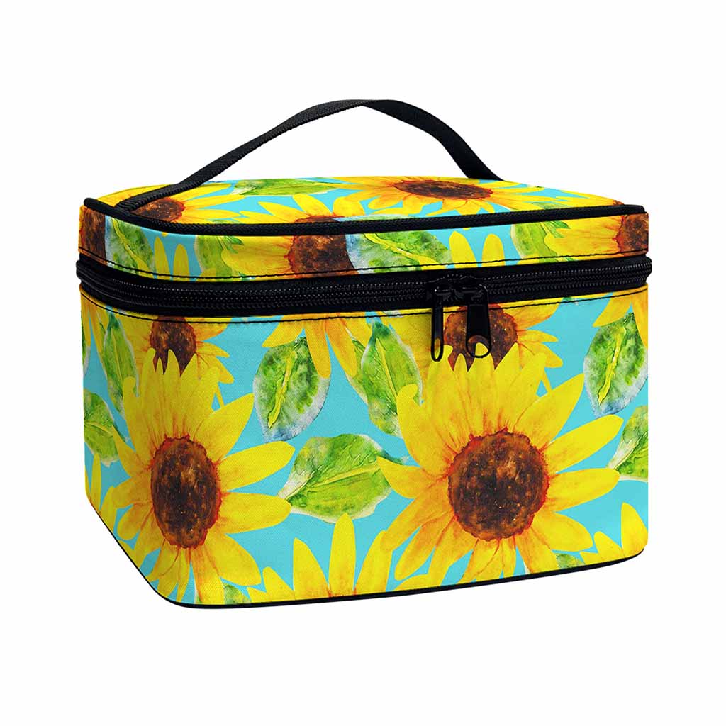 Blue Watercolor Sunflower Pattern Print Travel Makeup Bag