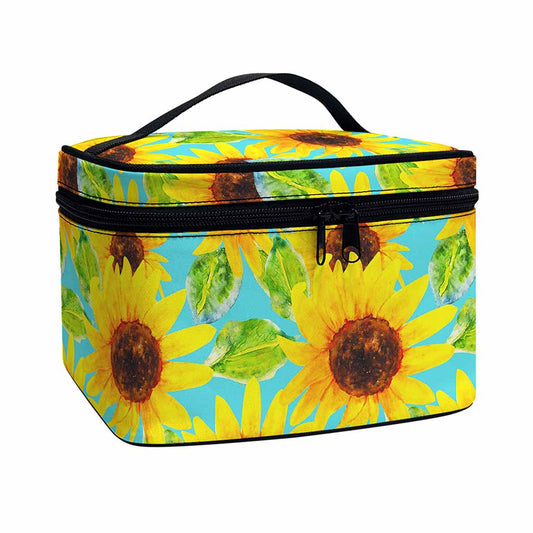 Blue Watercolor Sunflower Pattern Print Travel Makeup Bag