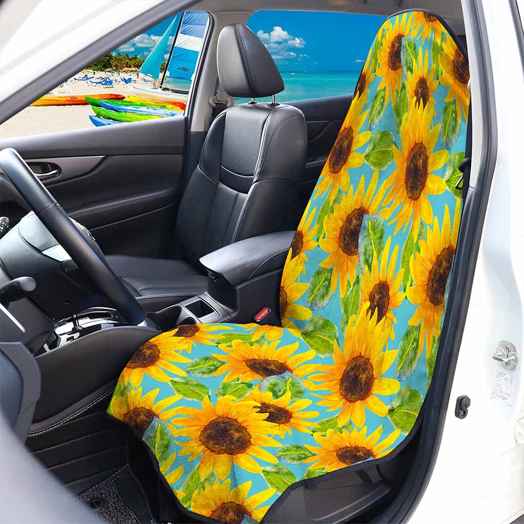 Blue Watercolor Sunflower Pattern Print Waterproof Car Seat Cover